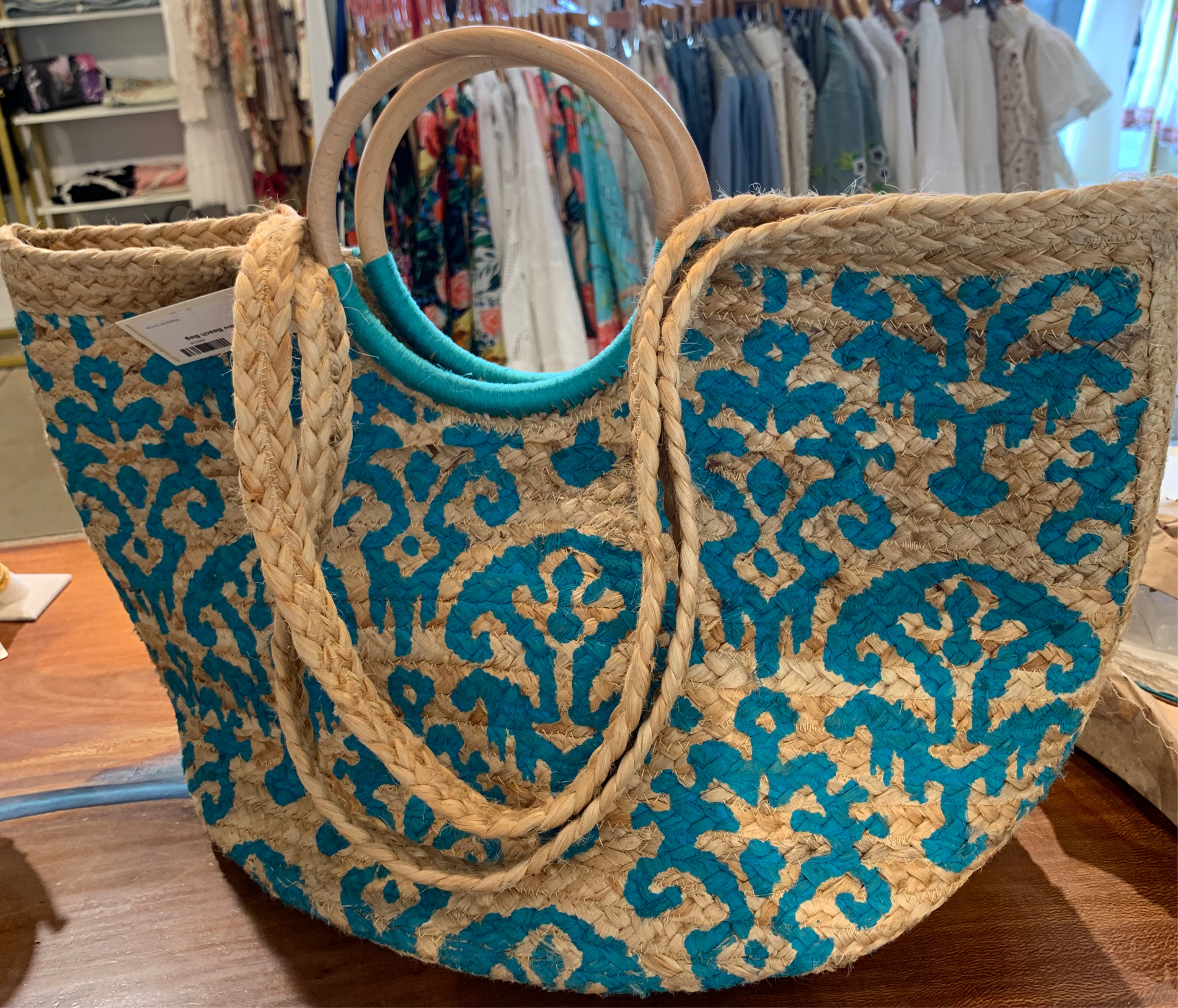 St Tropez Straw Bag, Natural/Turquoise
