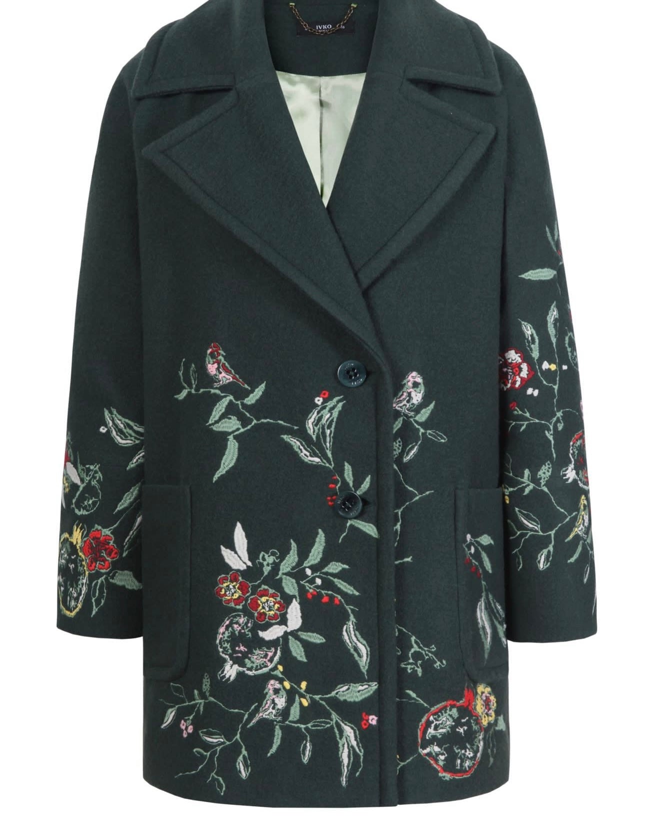 Boiled Wool Coat w/Embroidery Forest Green