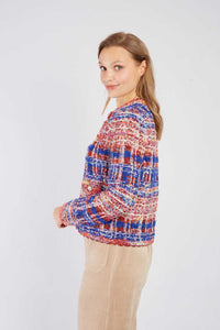 Tweed Button Front Jacket-Royal/Red