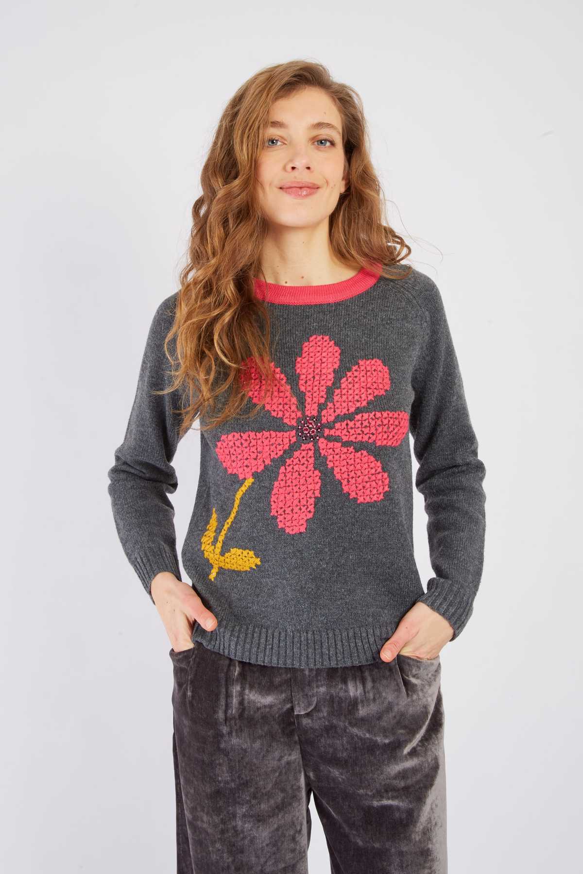Adelita Sweater, Gray/Pink