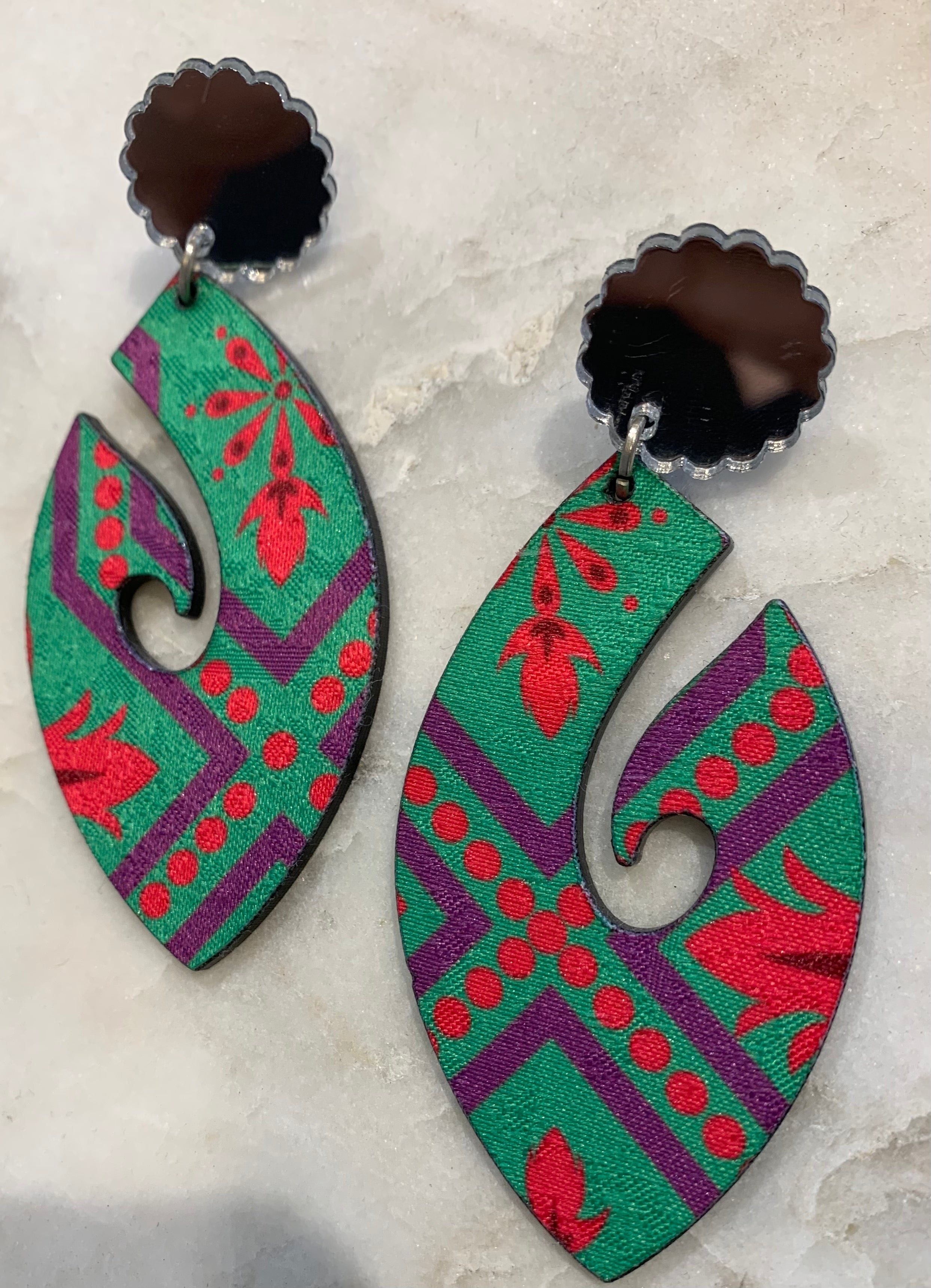 Acrylic Mirror Earrings w/Fabric, Green