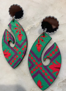 Acrylic Mirror Earrings w/Fabric, Green