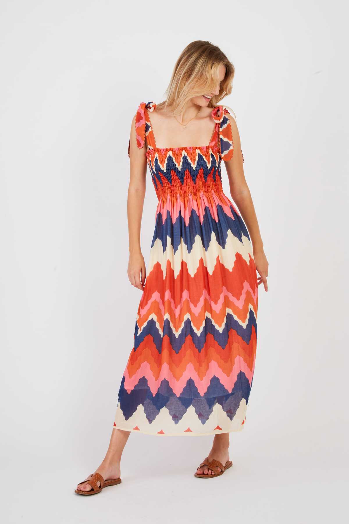Petale Smock Dress, Coral  Multi