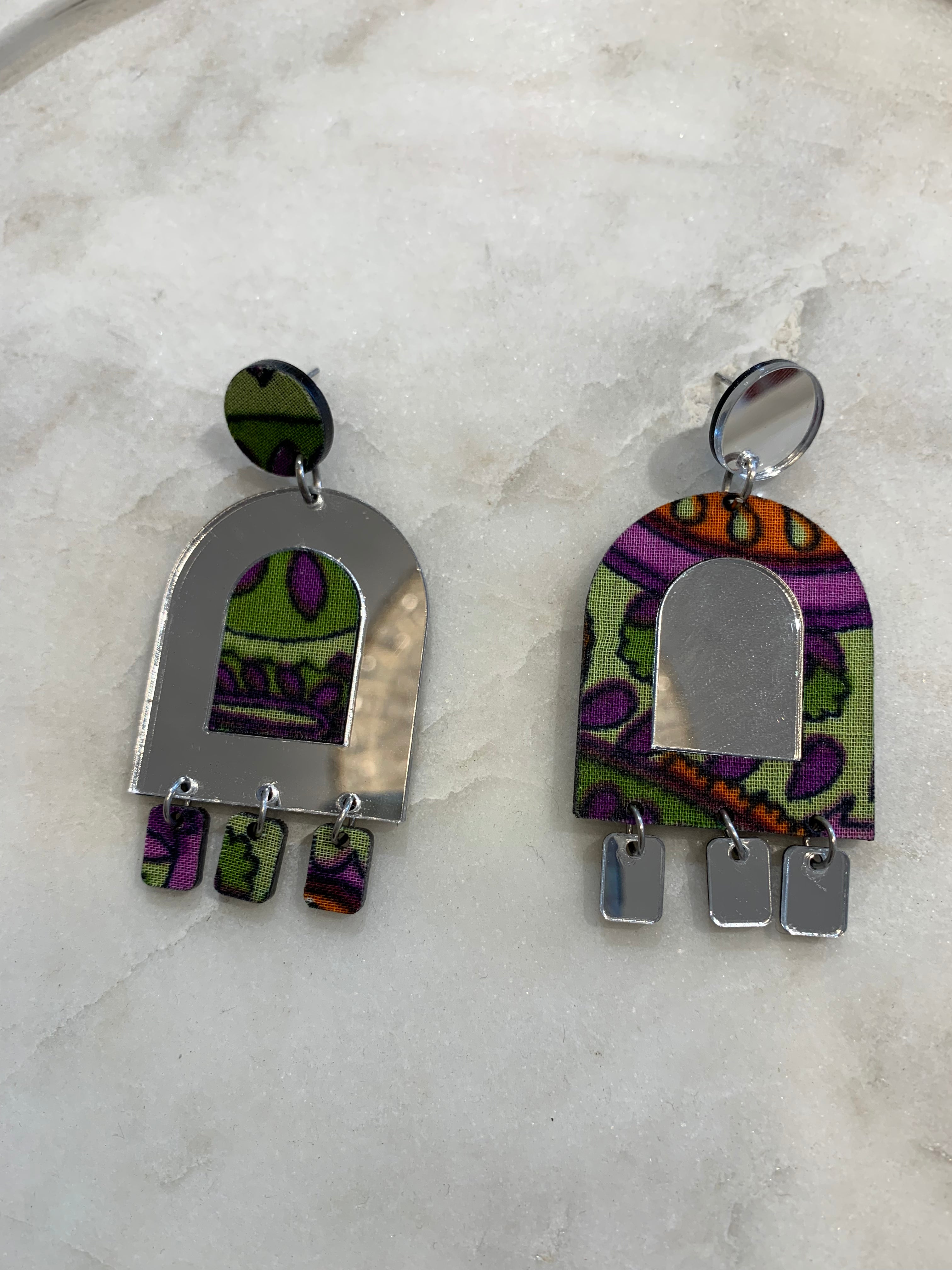 Mirror Acrylic Earrings w/Drops, Purple Multi