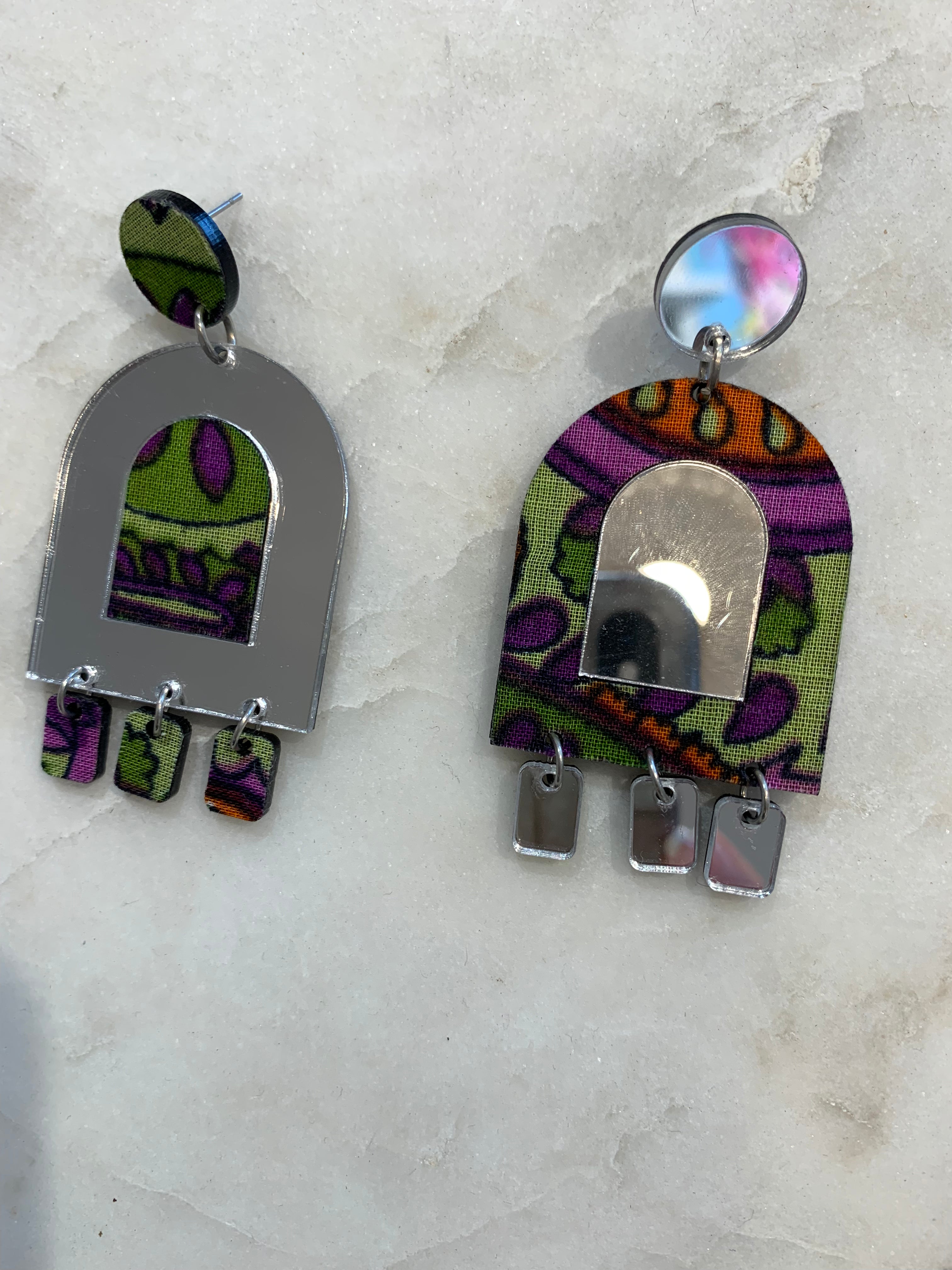 Mirror Acrylic Earrings w/Drops, Purple Multi