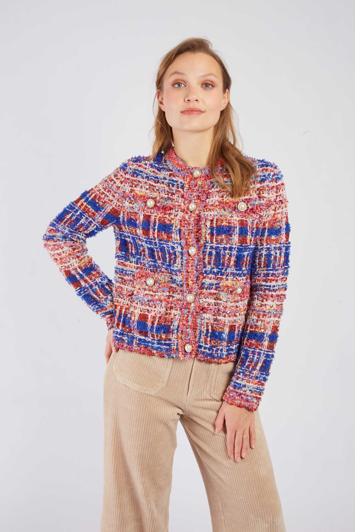 Tweed Button Front Jacket-Royal/Red