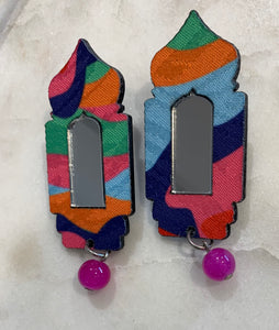 Mirror Acrylic Earrings w/Pink Drop,Multi
