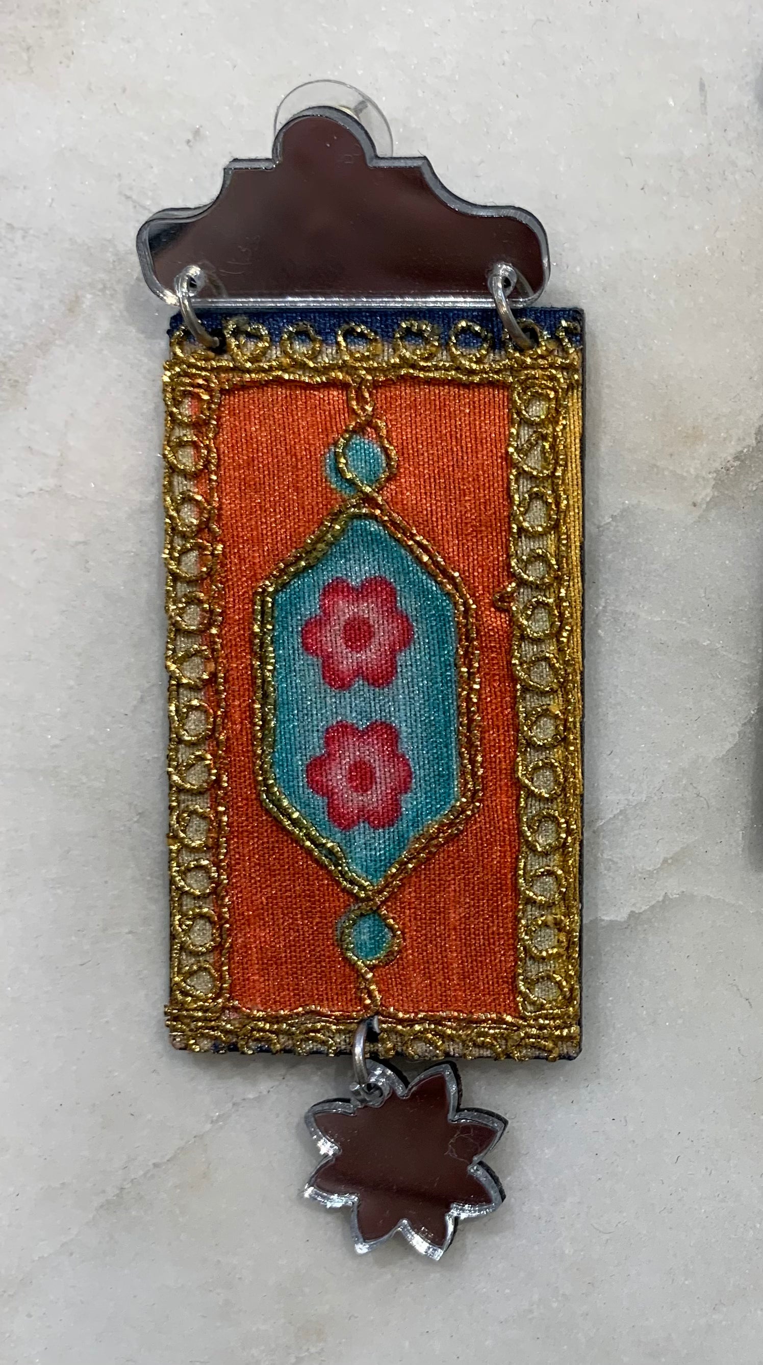 Embroidered Mirrored Earrings, Orange
