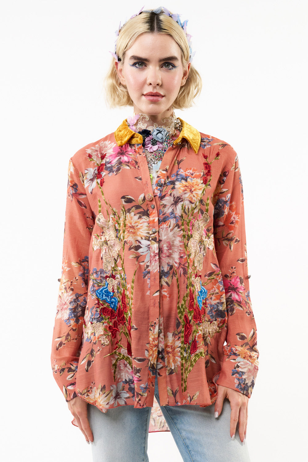 Gardenia Embroidered Shirt Rust