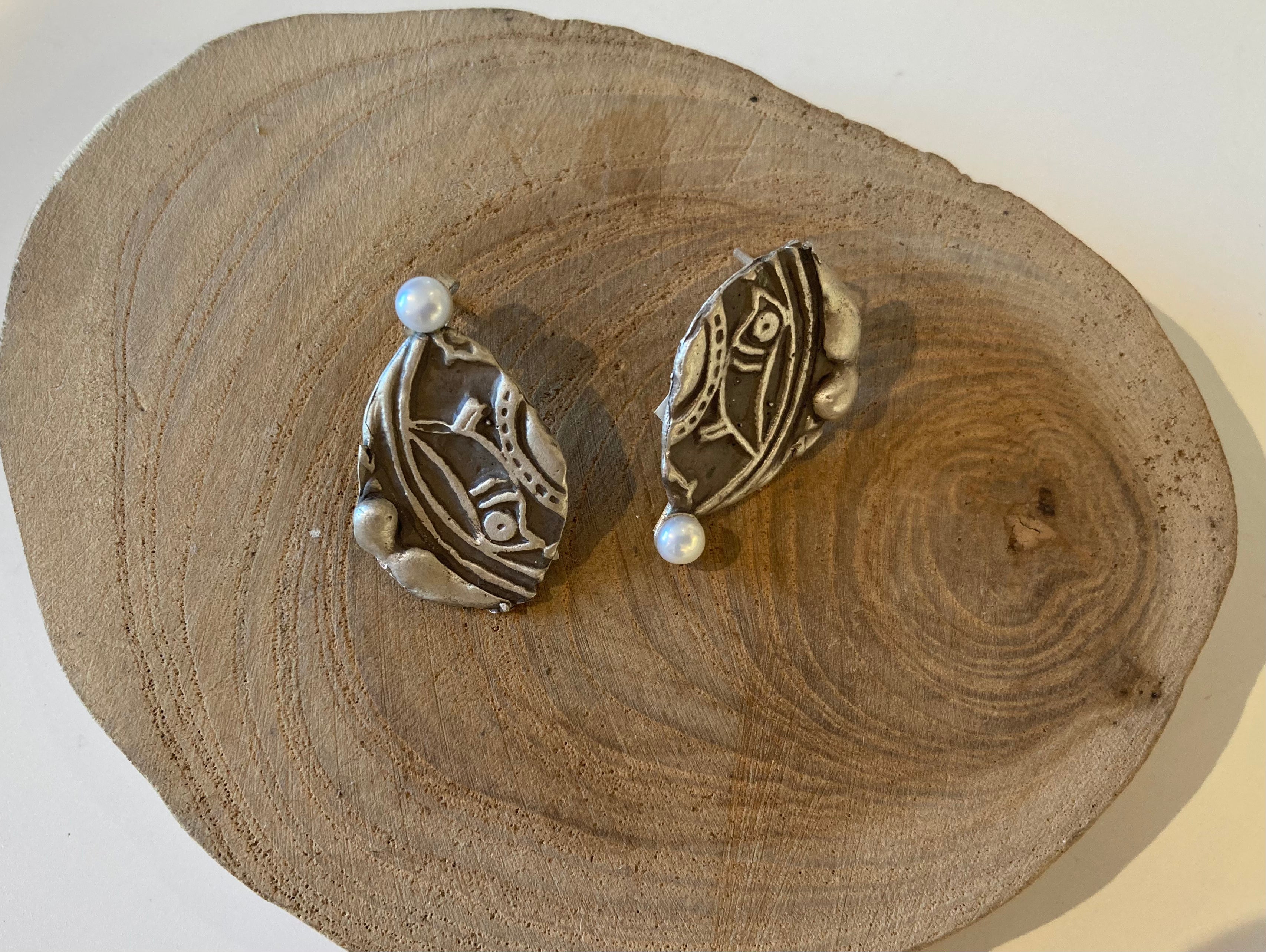 Abstract Silver and Pearl Earrings