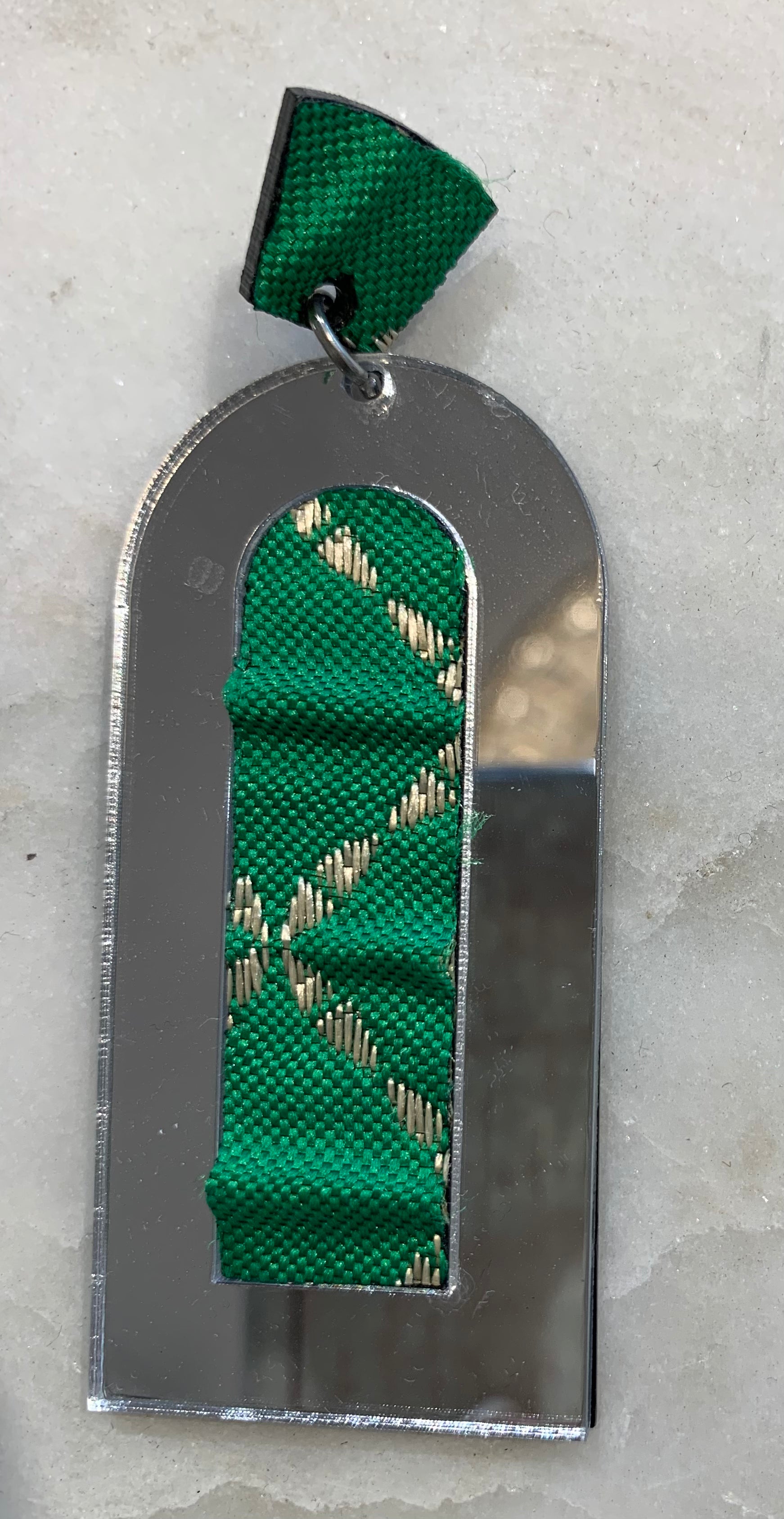Acrylic Mirror Earrings w/Fabric, Green