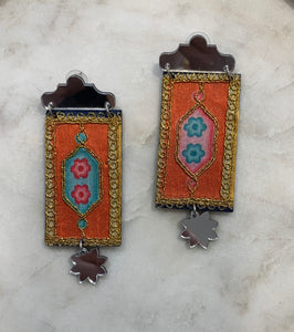 Embroidered Mirrored Earrings, Orange