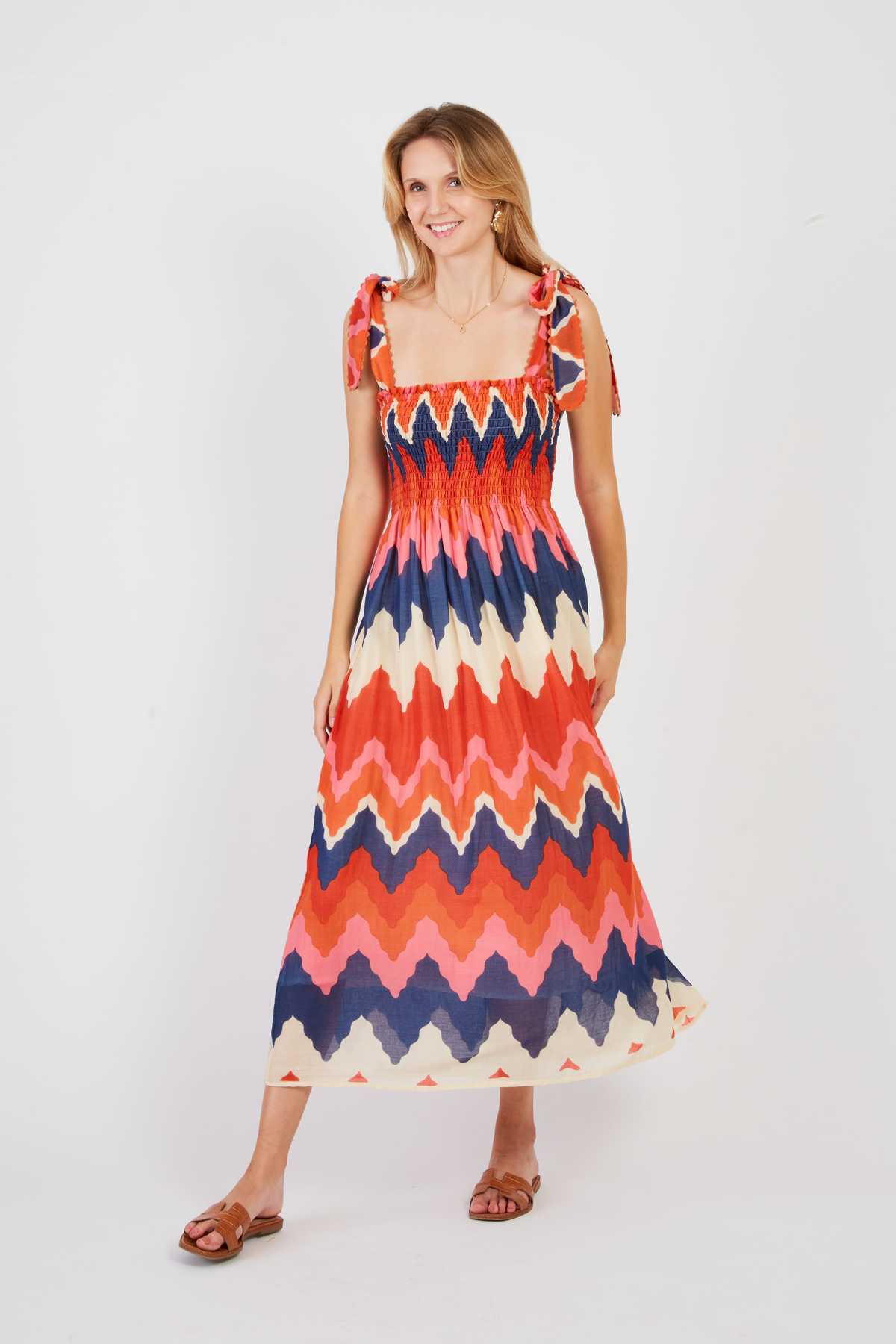 Petale Smock Dress, Coral  Multi