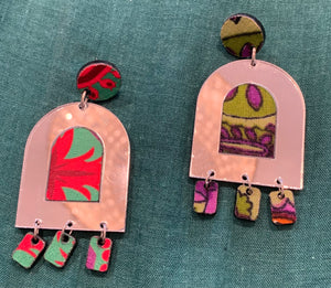Acrylic Mirror Earrings w/Drops, GreenMulti