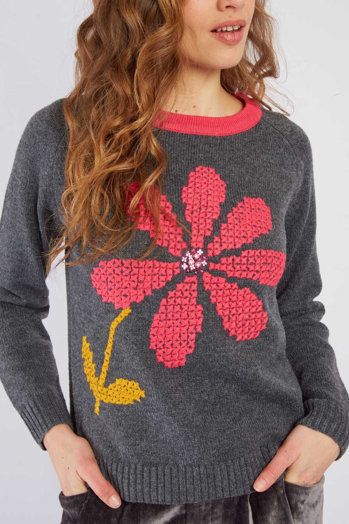 Adelita Sweater, Gray/Pink