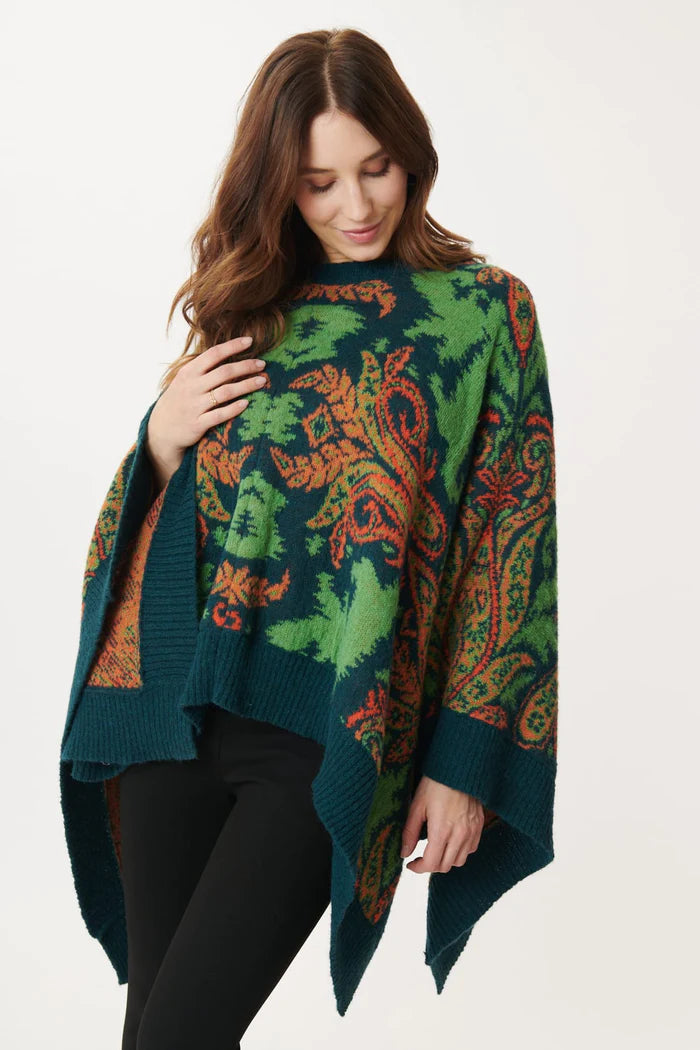 Jazz Paisley Poncho/Sweaters  - Forest Green