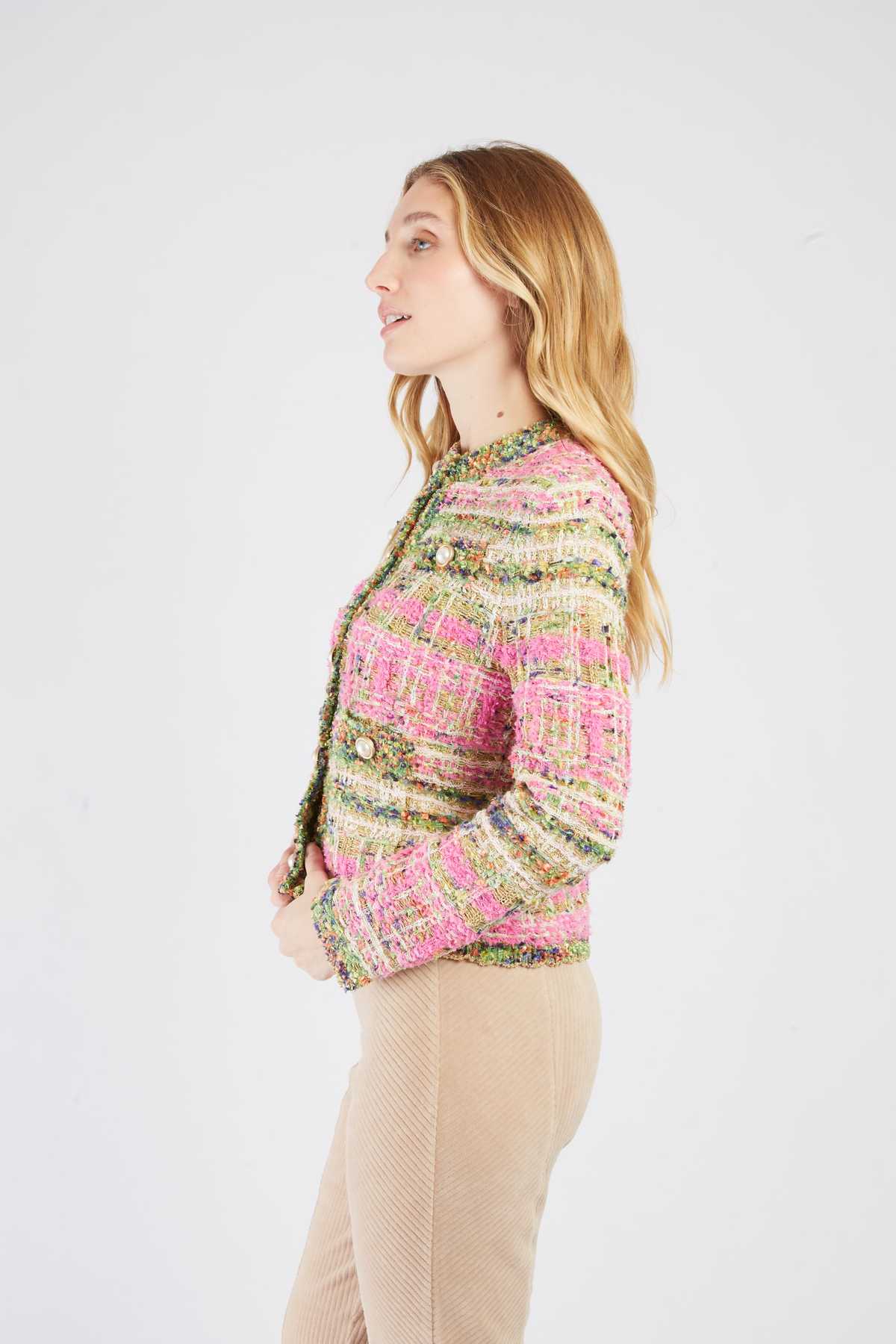 Tweed Button Front Jacket-Pink/Olive