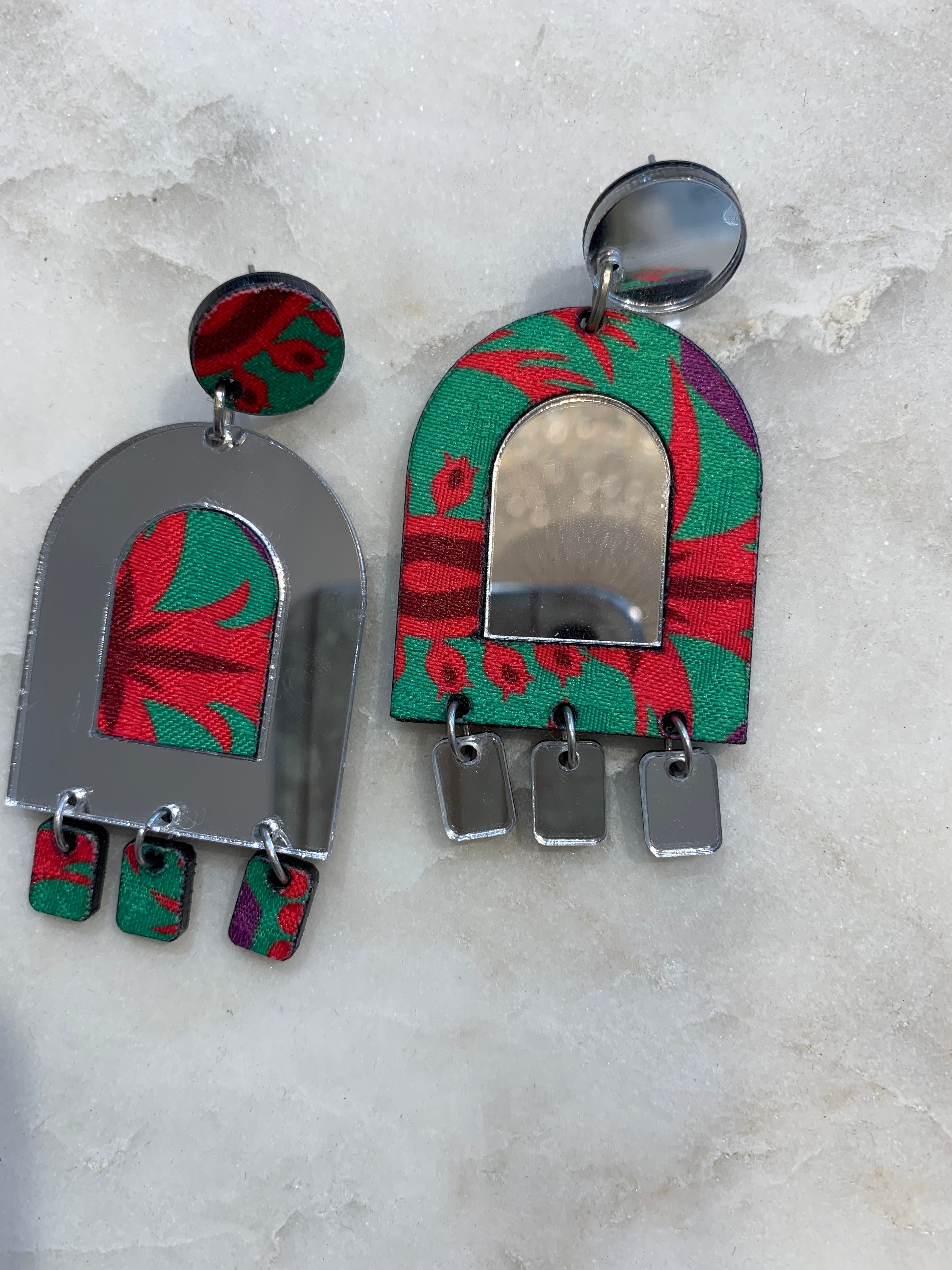 Acrylic Mirror Earrings w/Drops, GreenMulti