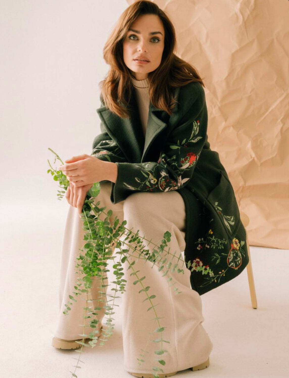 Boiled Wool Coat w/Embroidery Forest Green