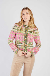 Tweed Button Front Jacket-Pink/Olive