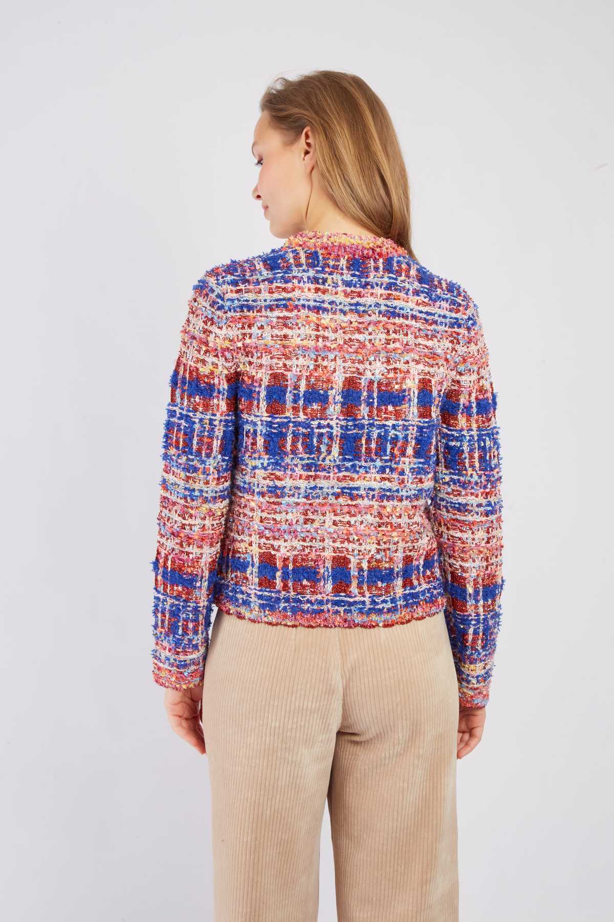 Tweed Button Front Jacket-Royal/Red
