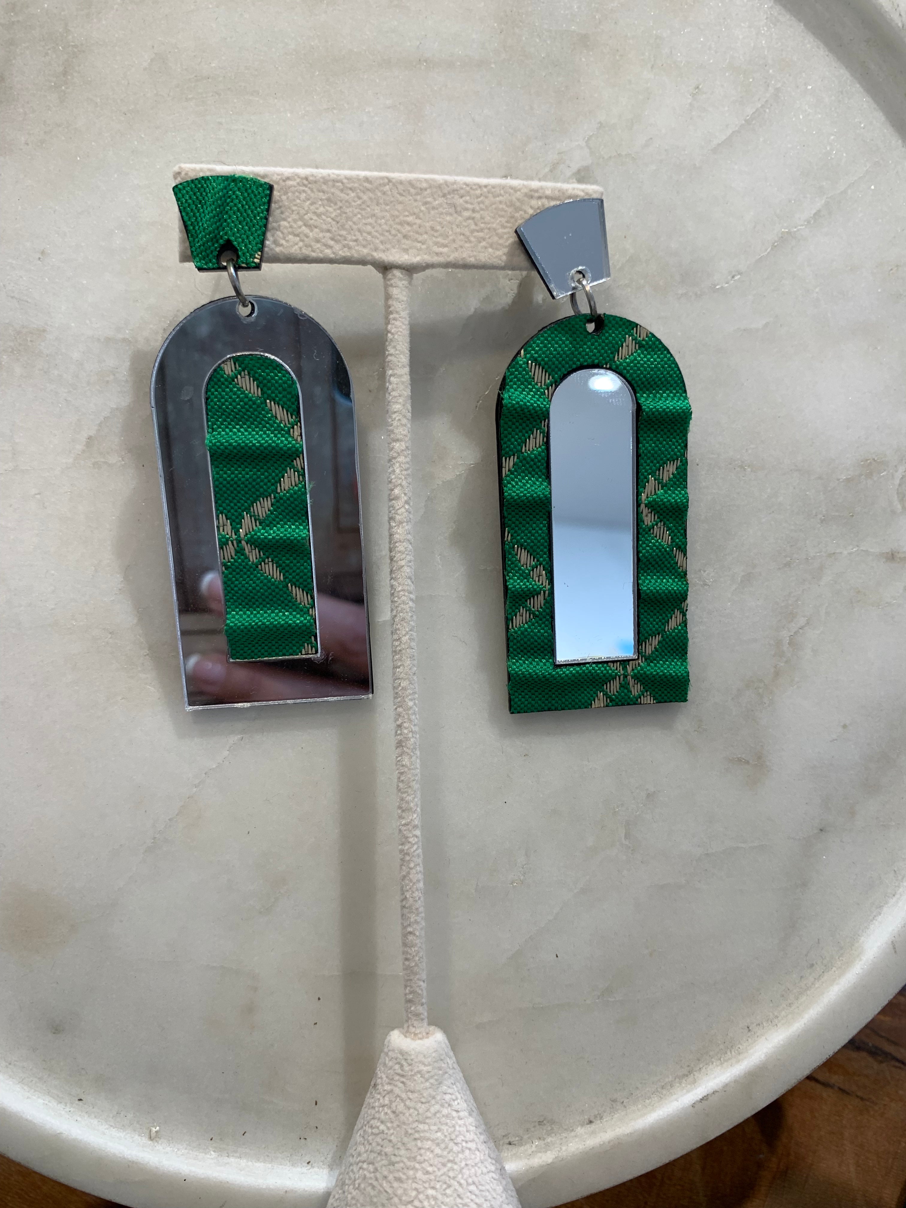 Acrylic Mirror Earrings w/Fabric, Green
