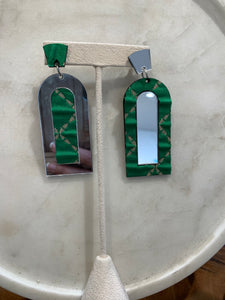 Acrylic Mirror Earrings w/Fabric, Green