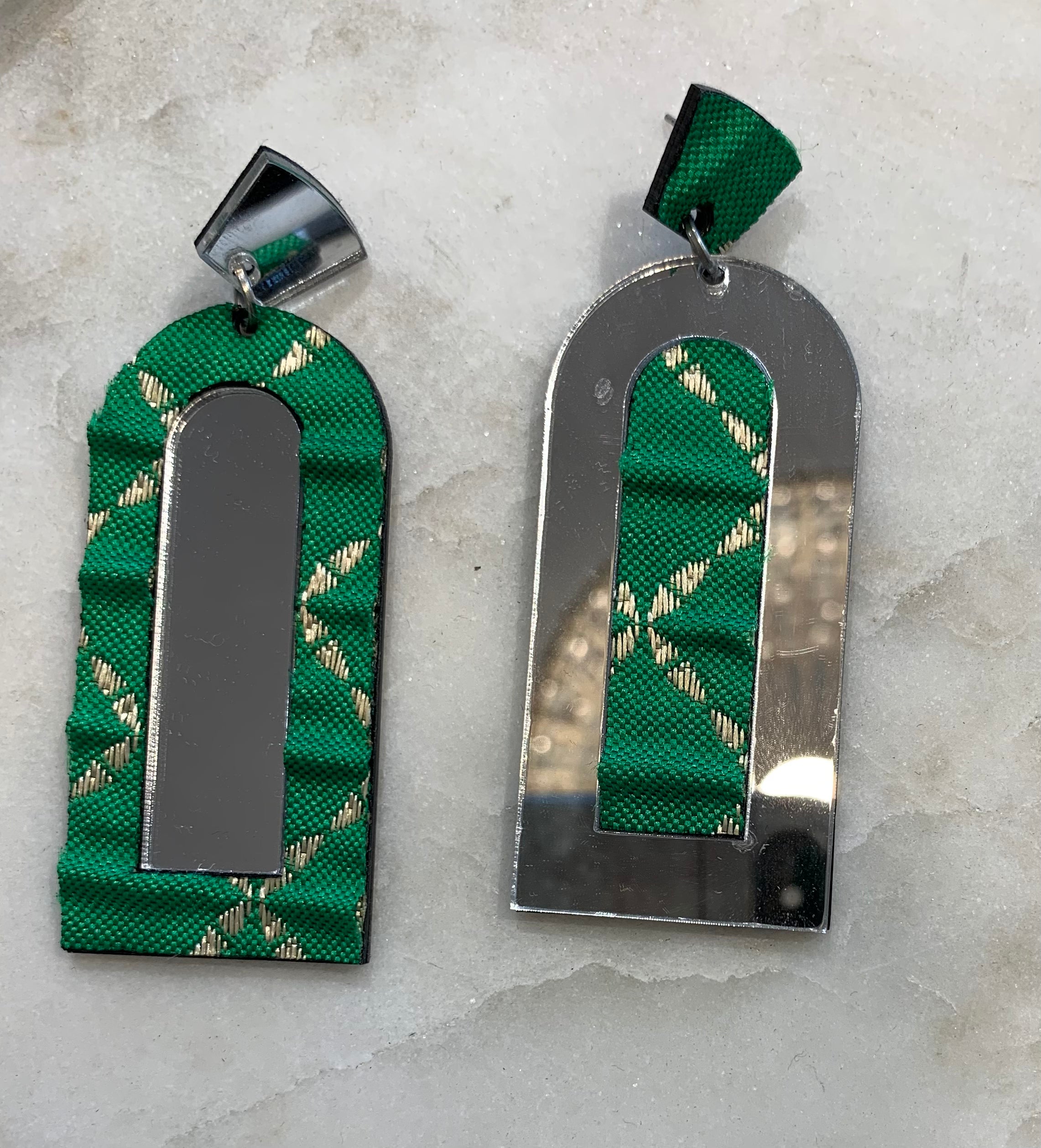 Acrylic Mirror Earrings w/Fabric, Green