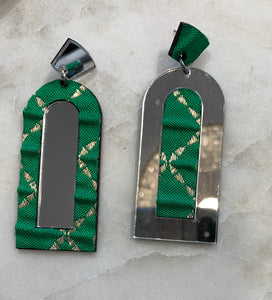 Acrylic Mirror Earrings w/Fabric, Green