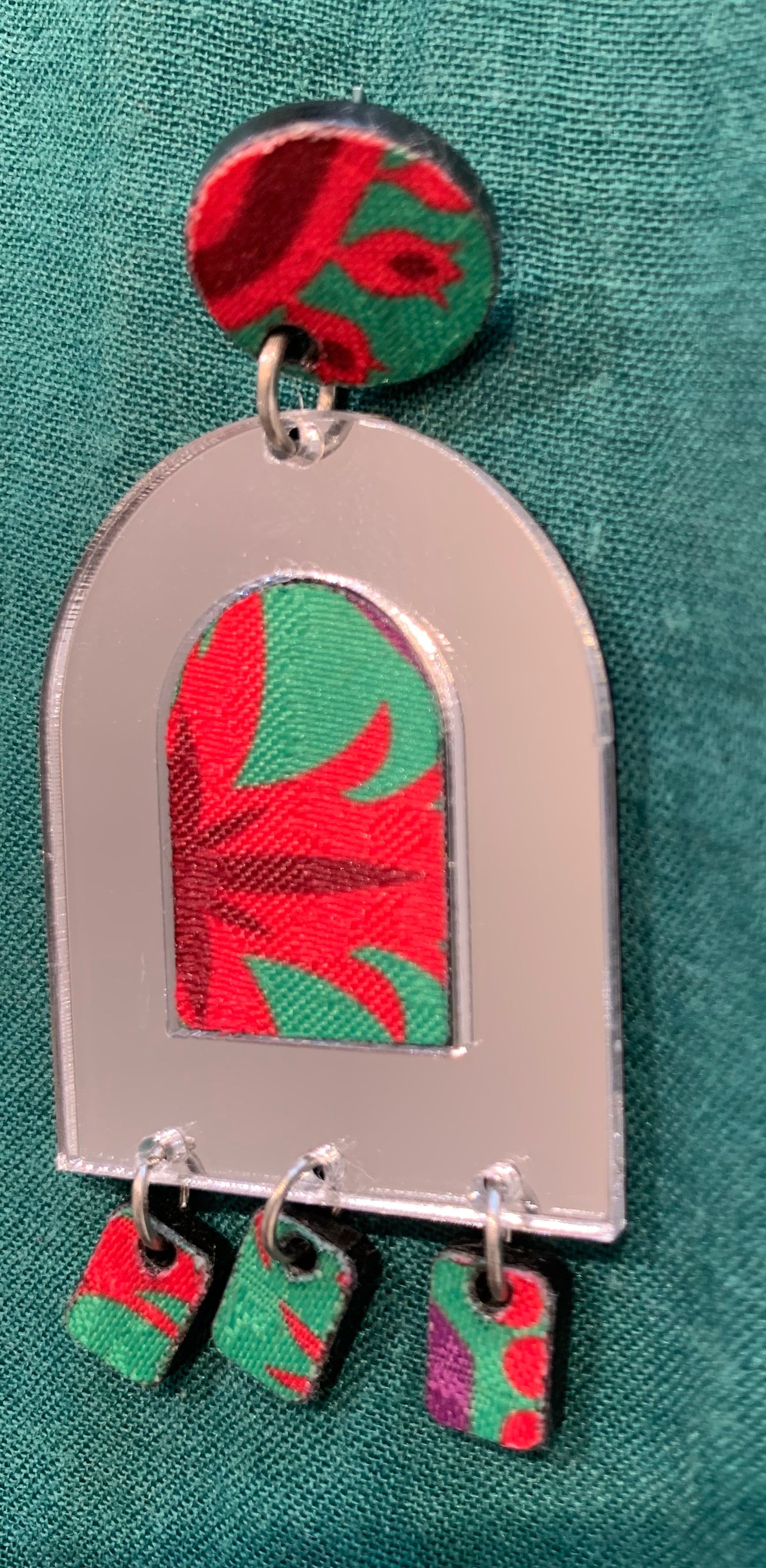 Acrylic Mirror Earrings w/Drops, GreenMulti