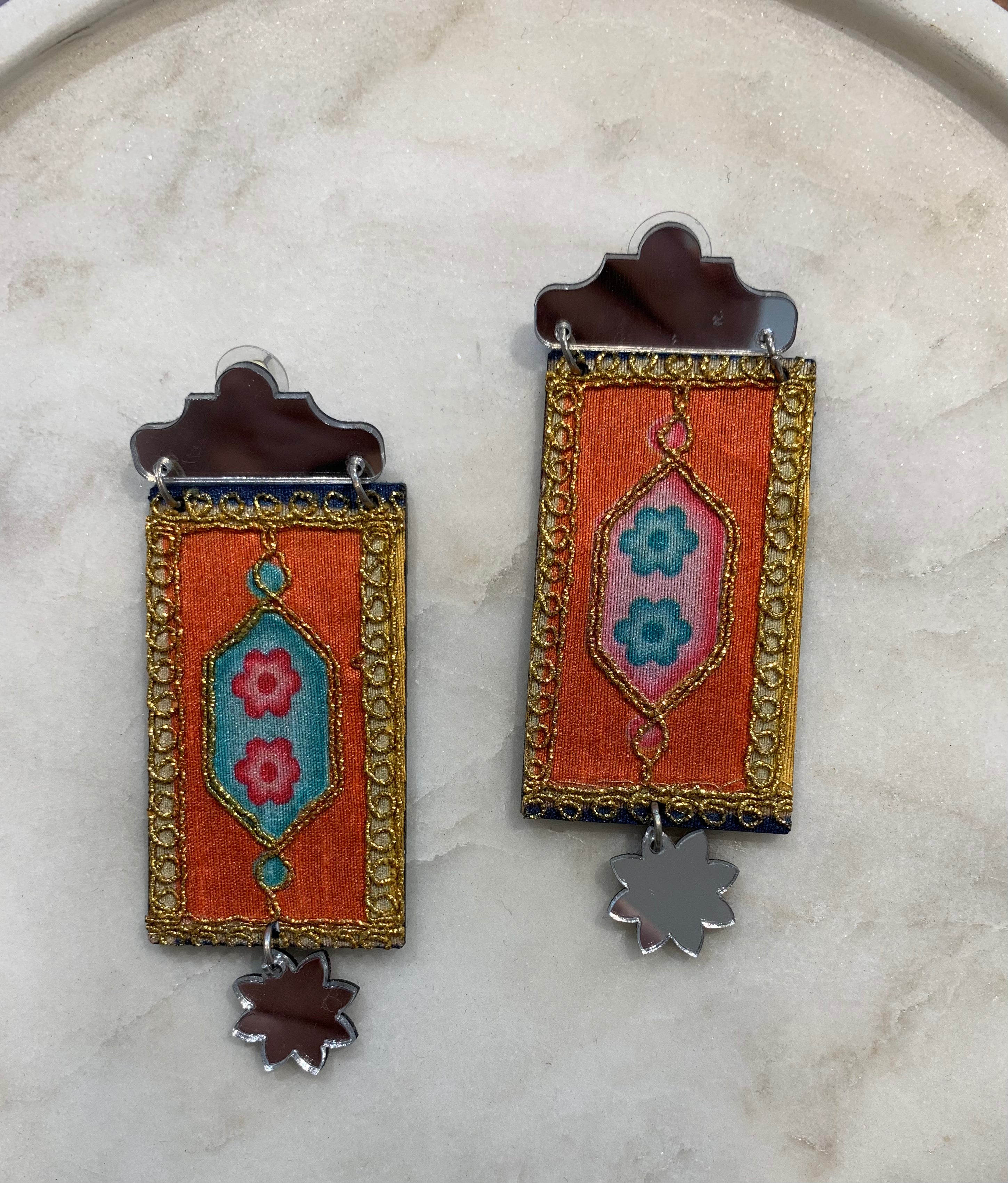 Embroidered Mirrored Earrings, Orange