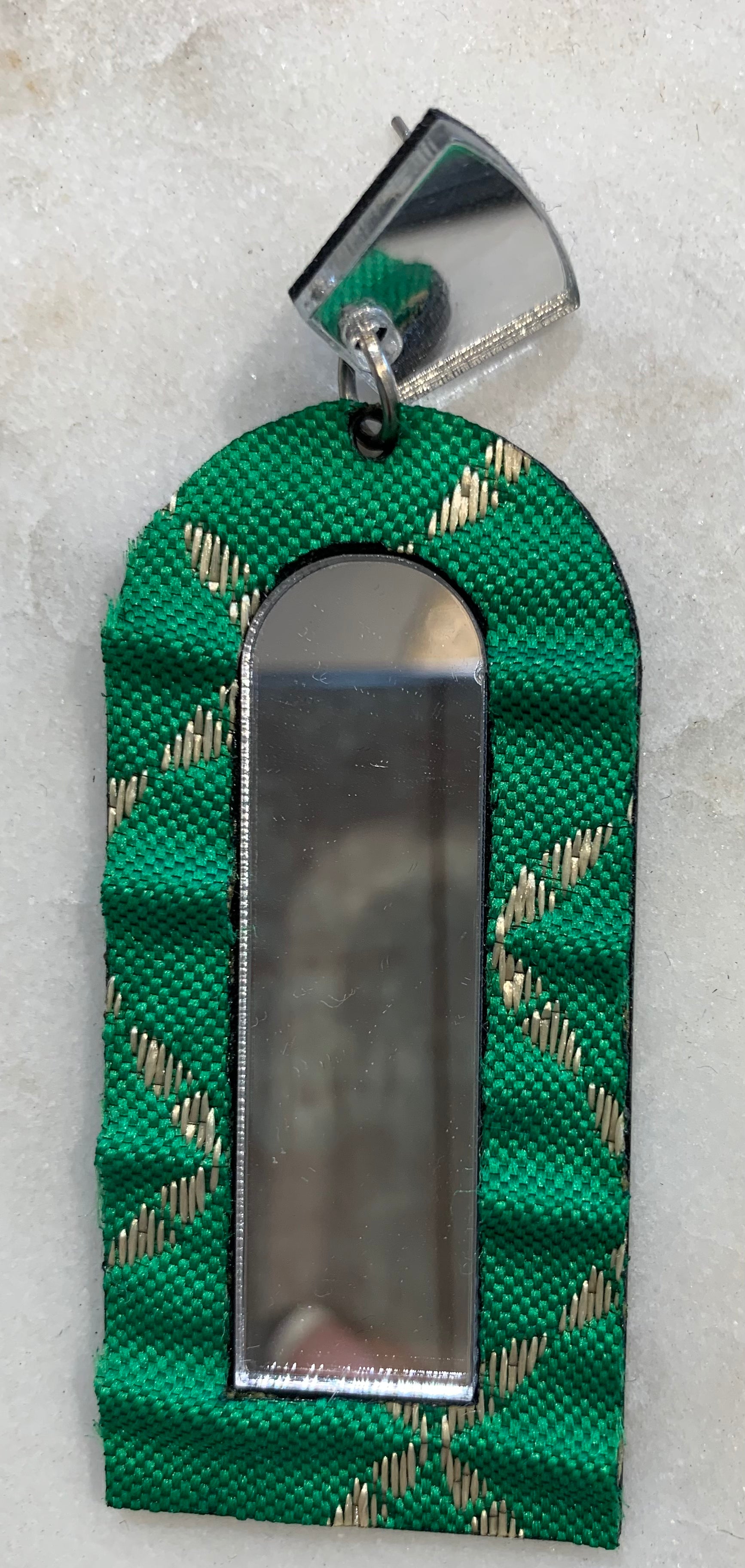 Acrylic Mirror Earrings w/Fabric, Green