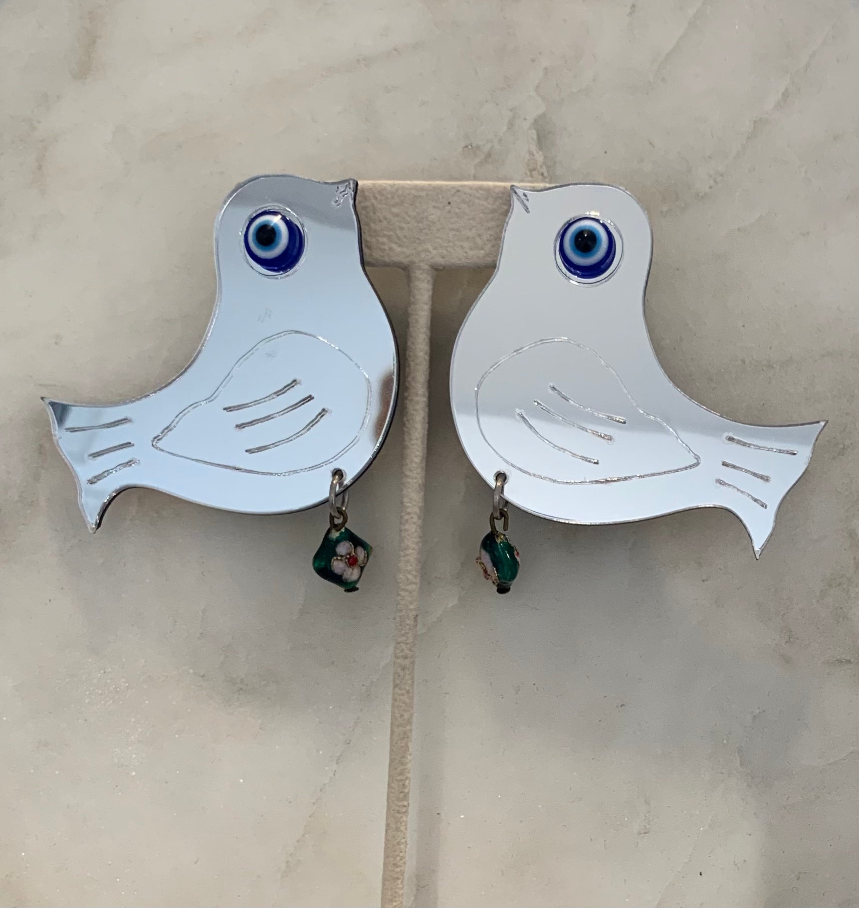 Mirror Bird  Earrings w/Evil Eye