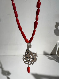 Silver/Coral abstract bird Necklace