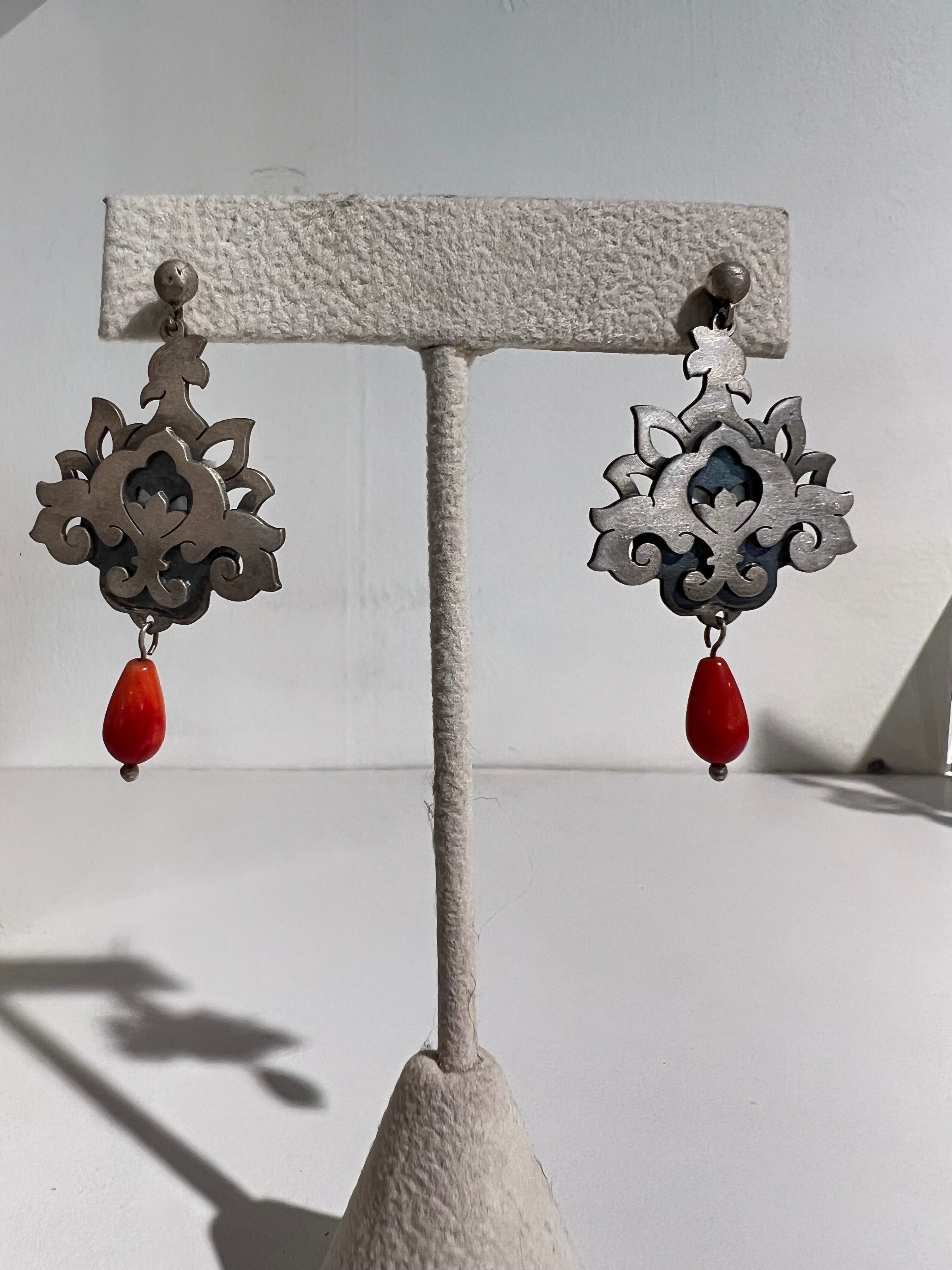 Silver and Coral Earrings