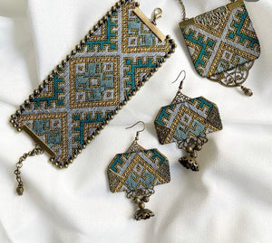 Geo Taupe Embroidered  Earrings