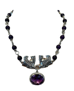 Winged Lion Beaded Silver Necklace with Stone