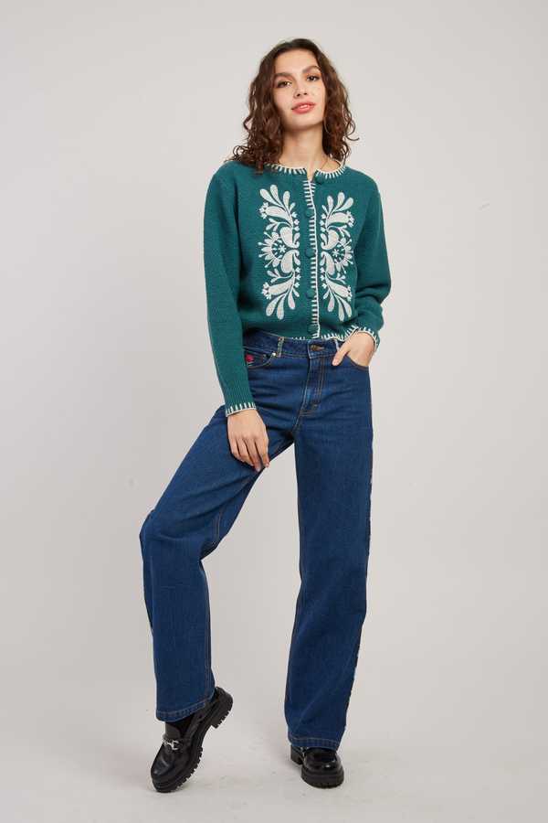 Dalila Embroidered Cardigan  - Teal