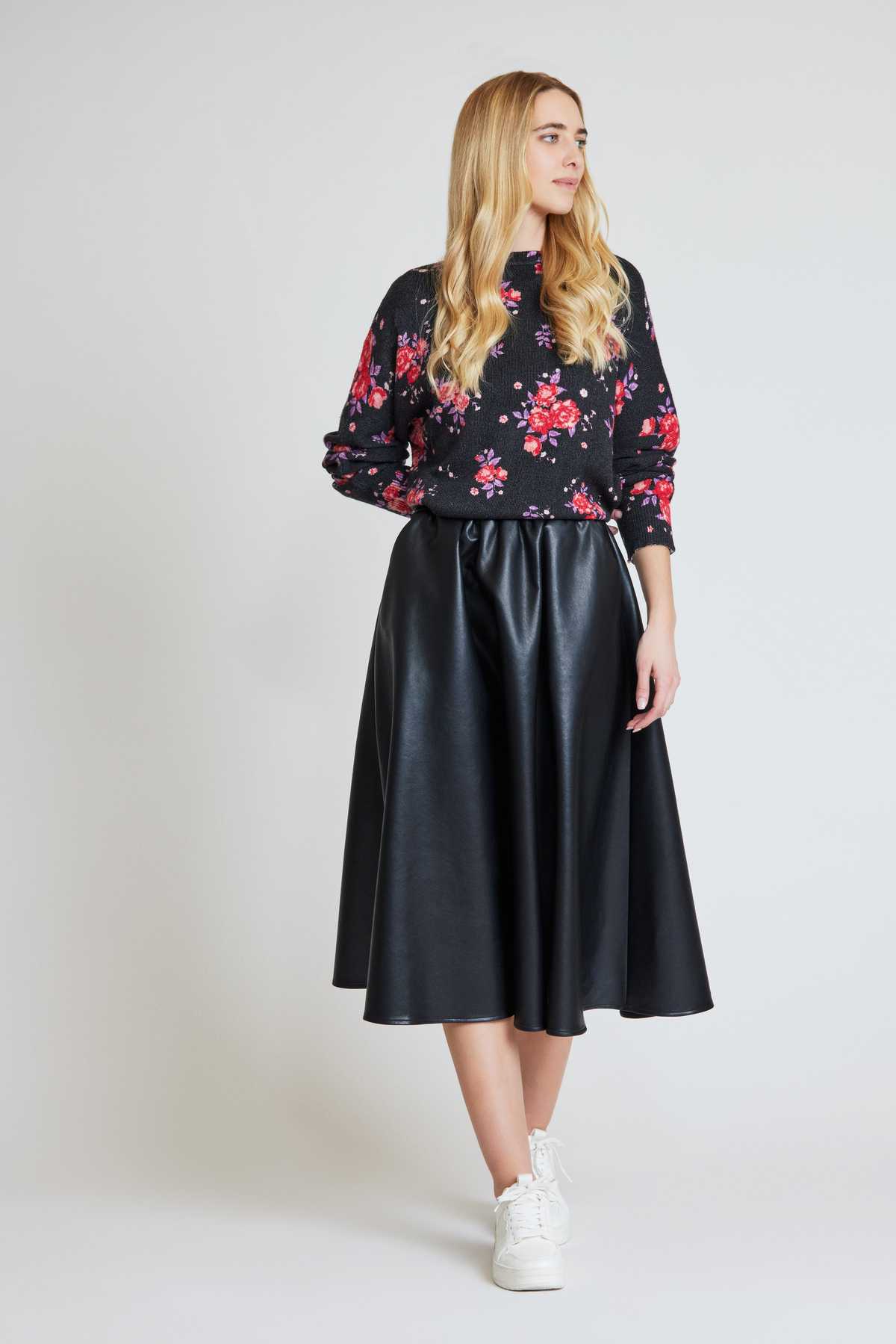 Black Vegan Leather Midi Skirt