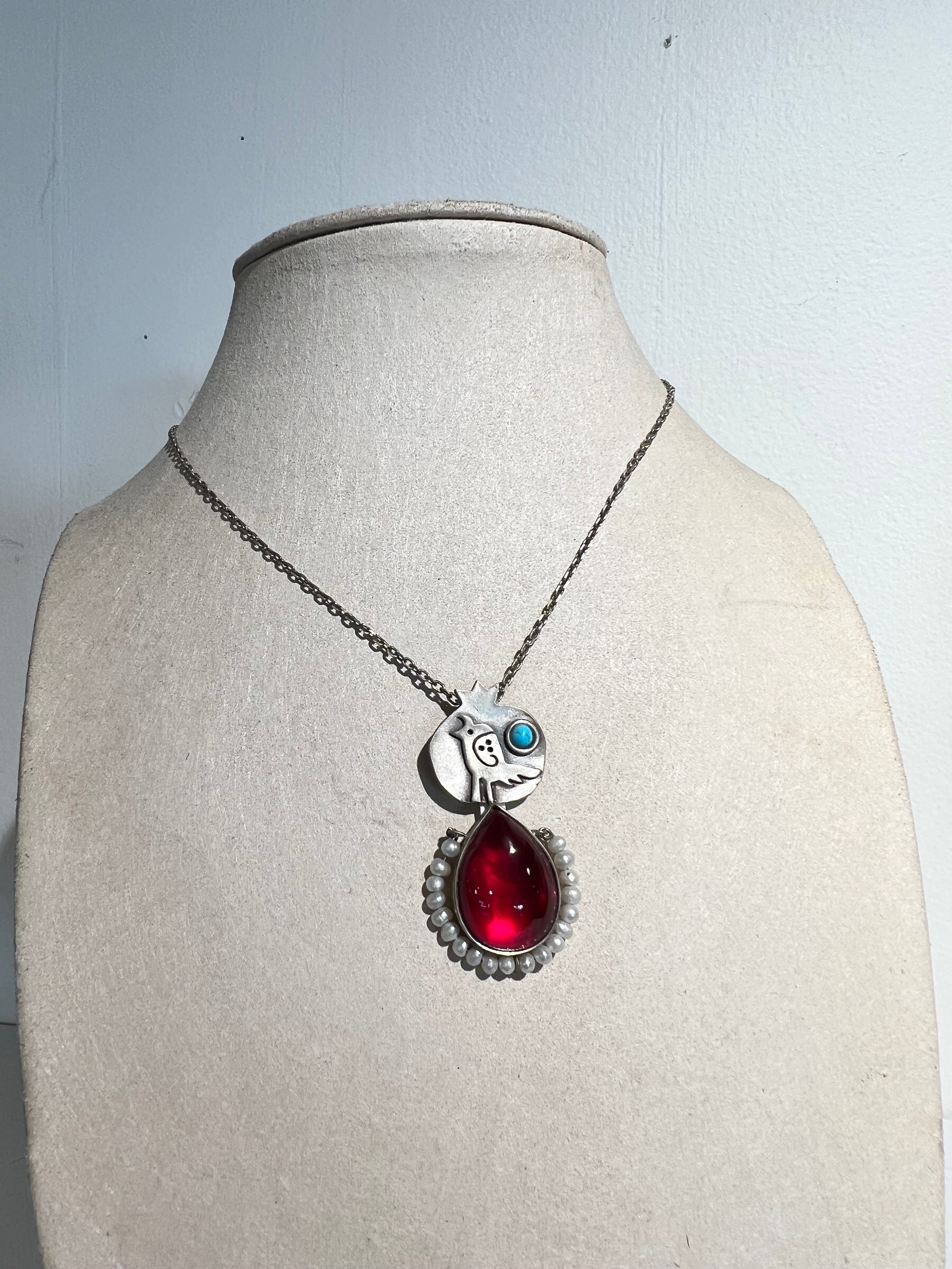 Silver Bird and Stone Necklace