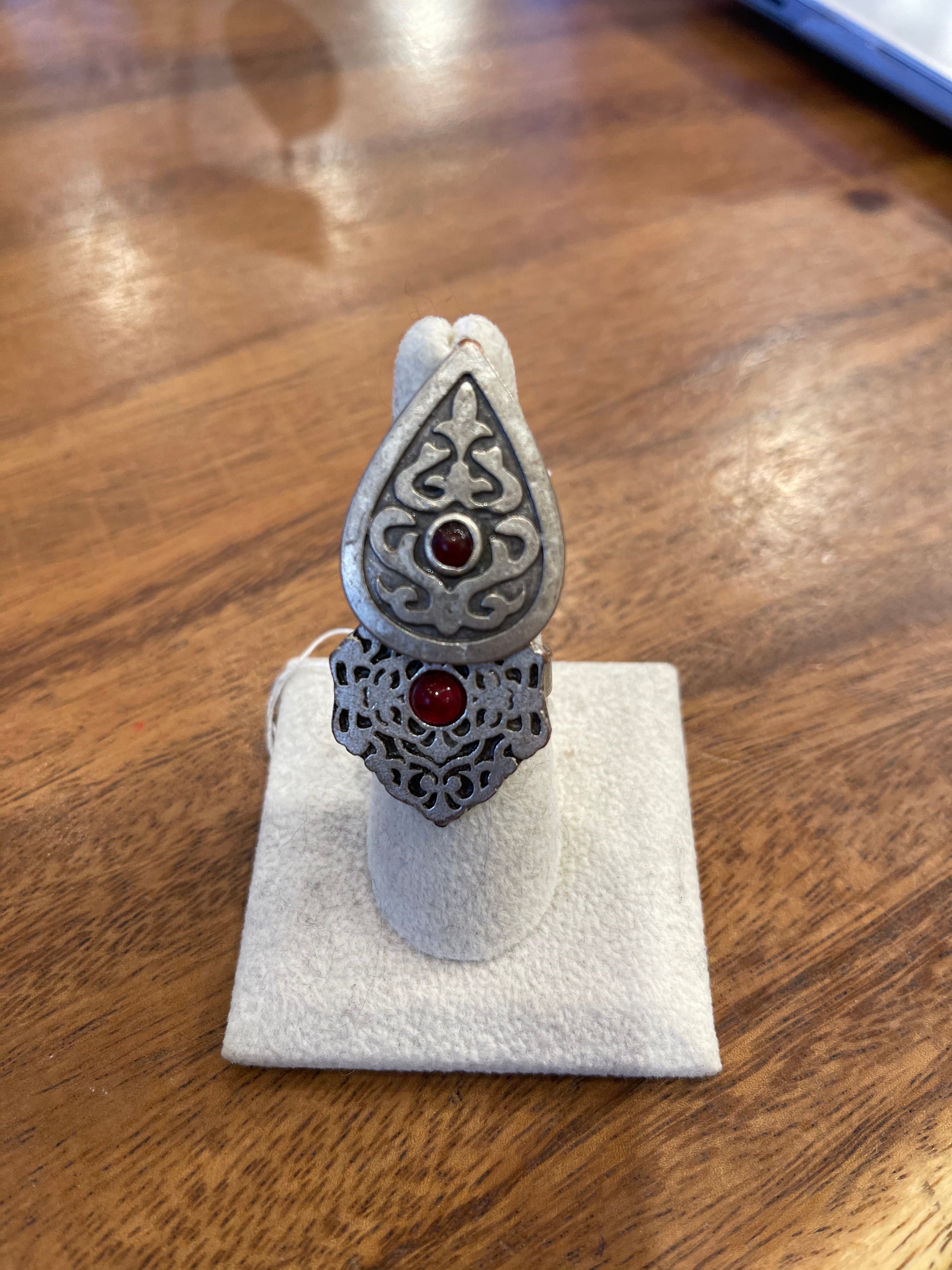 Etched Silver Ring-Garnet Drop