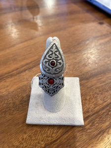 Etched Silver Ring-Garnet Drop