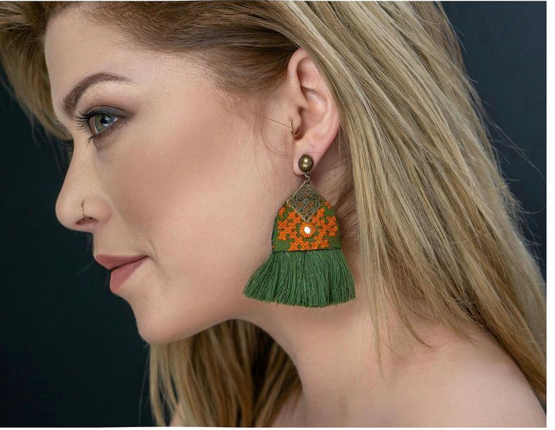 Balochi Embroidery Earrings with Fringe-Olive/Rust