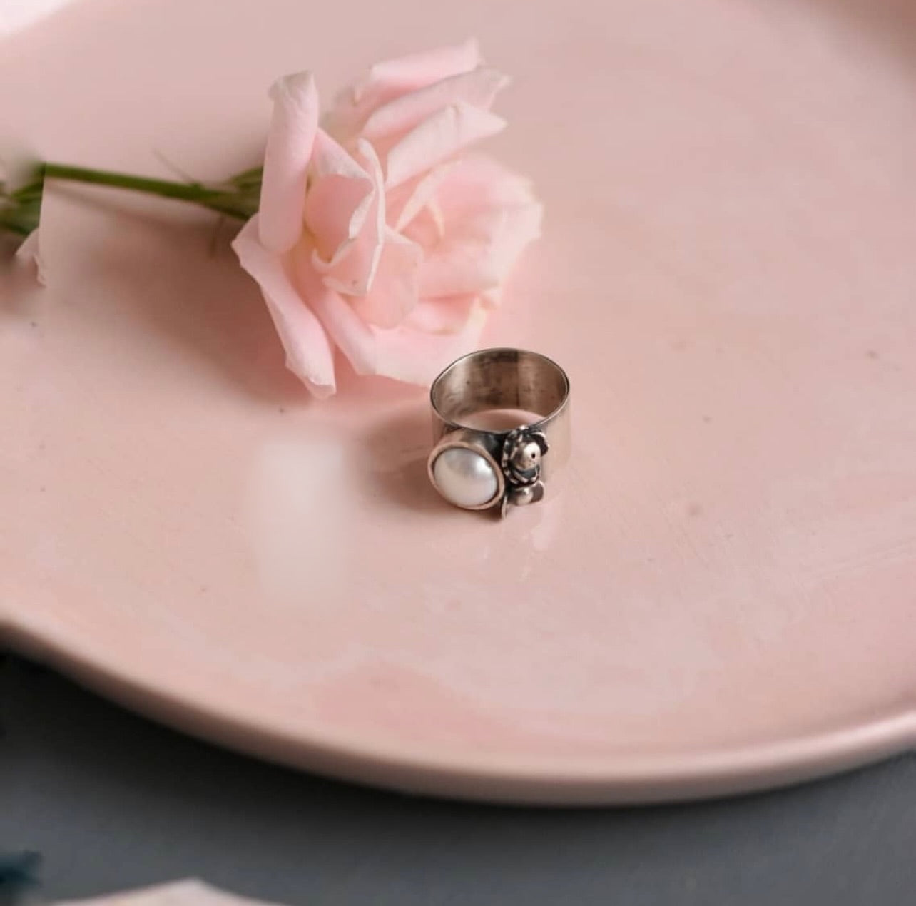 Silver Rose Pearl  Ring
