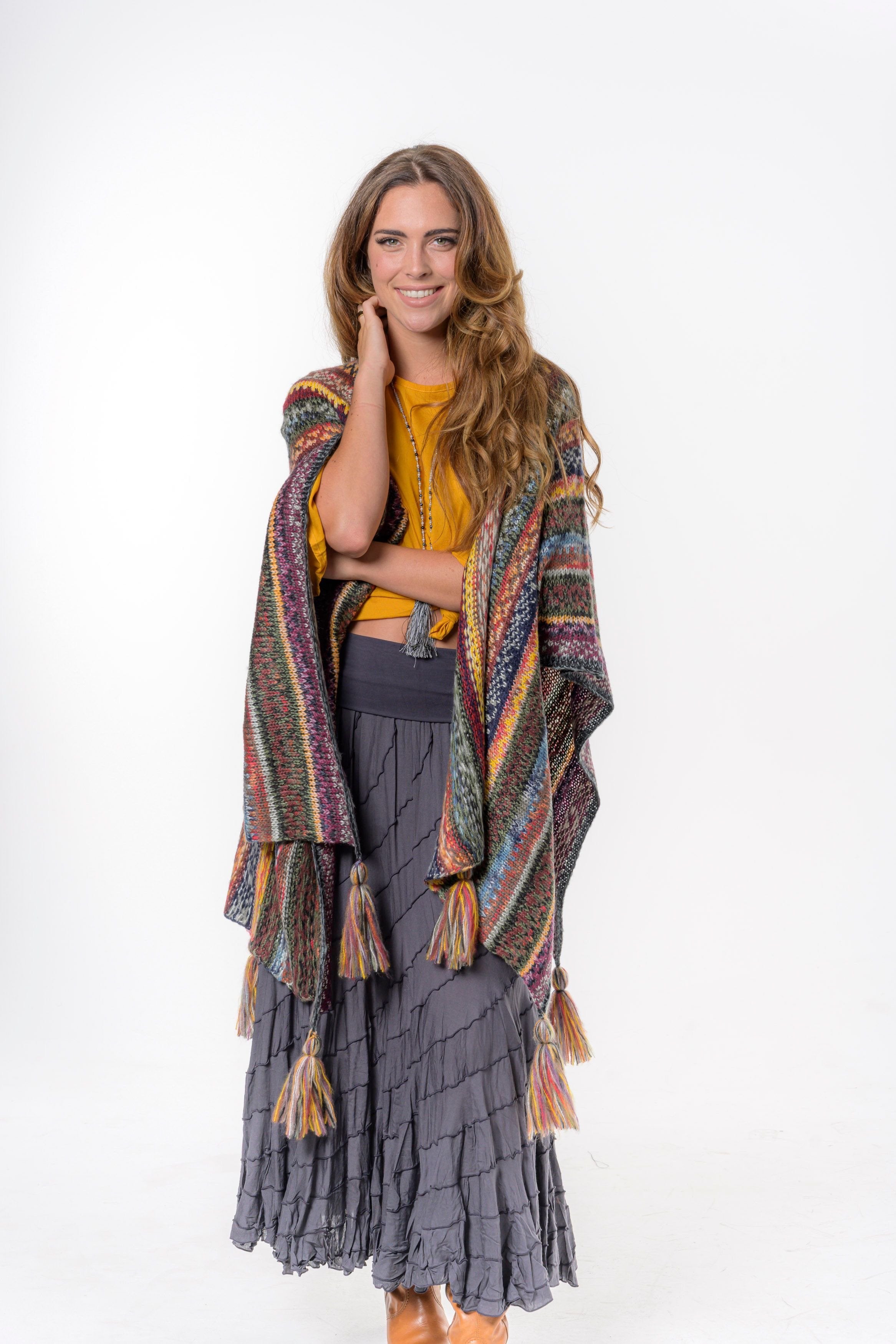 Hand Knit Multicolor open flow poncho/coverup - Earth